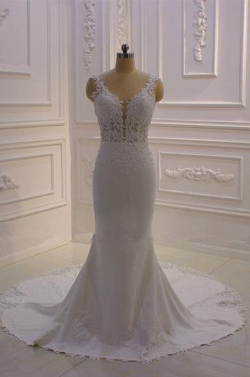 Elegant Sleeveless Lace V-neck Column White Court Train Wedding Dress