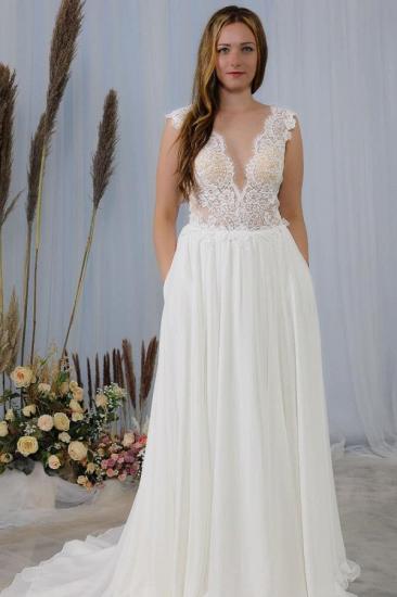 Elegantes, ärmelloses, weißes, schlichtes Chiffon-Hochzeitskleid mit V-Ausschnitt, AlineSoft-Spitzenhochzeitskleid_1