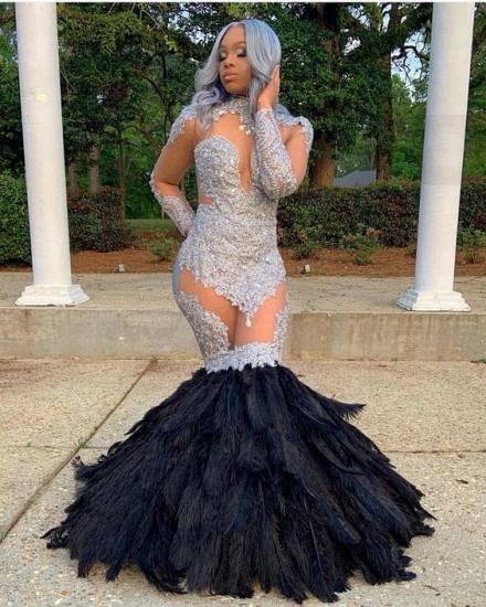 Long Sleeves Lace Appliques Illusion Fur Train Mermaid Silver Prom Dresses_2