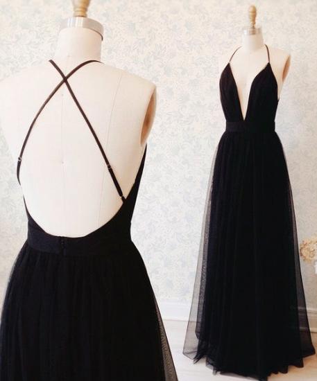 Sexy Black Tulle Straps Evening Dress 2022 Deep V-neck Open Back Prom Gown_2