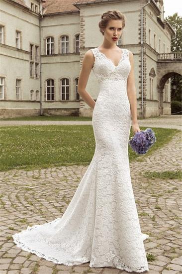Sexy Mermaid Lace Bridal Gowns V Neck Court Train Wedding Dress with Appliques_1
