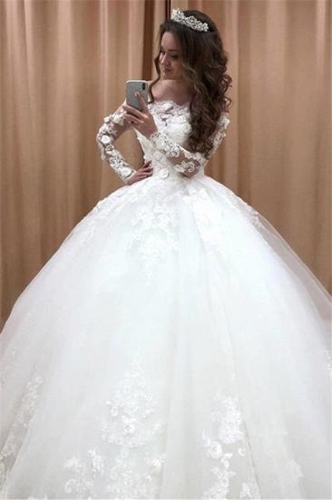 Glamouröse schulterfreie Brautkleider mit langen Ärmeln | Spitzenblumen Brautballkleid 2022_2