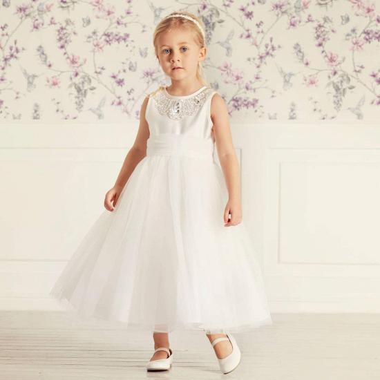 Simple White Beaded Tulle Flower Girl Dresses | Long Princess Little Girls Pageant Dresses_4