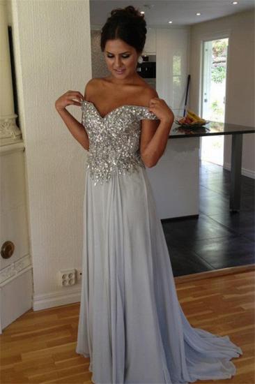 Off The Shoulder Silver Beaded Sequins Evening Dress Chiffon A-line 2022 Prom Dresses_1