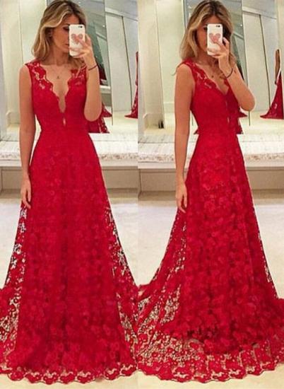 A-Line Red V-Neck Lace 2022 Prom Dresses Latest Sweep Train Evening Gowns_2
