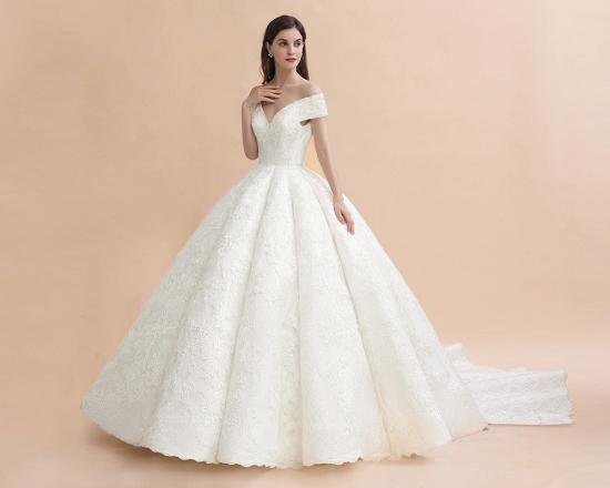 Off Shoulder Floor Length Bridal Gowns Lace Appliques Chapel Train Wedding Dress_5