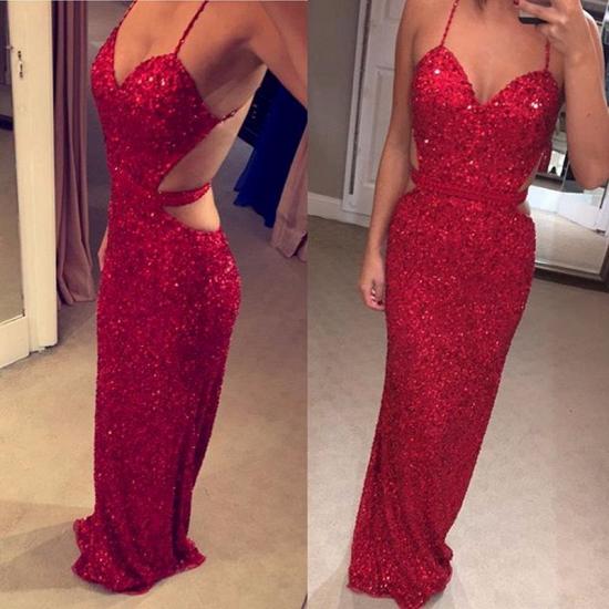 Spaghetti Straps Sequined Open Back Evening Dresses Sexy Red Sheath Prom Dress 2022_2