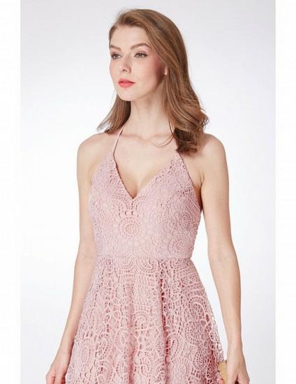 Lace Short Pink  Spaghetti Halter High Low Bridesmaid Dress_4