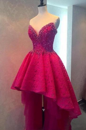 Fuchsia Beaded Lace Hi-lo Formal Evening Dresses V-neck Cheap Homecoming Dresses Online