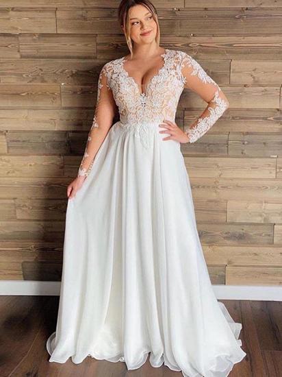 A-line Sheer Tulle Lace Wedding Gowns | Long Sleeve Floor Length Beach Bridal Gowns