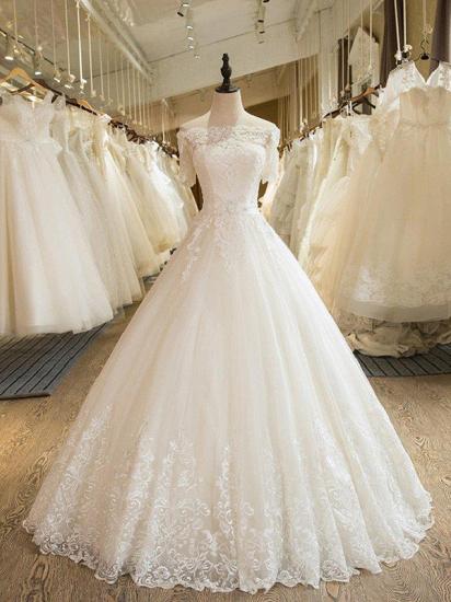 Floor-Length Applique Ball Gown Off-the-Shoulder Lace Tulle 1/2 Sleeves Wedding Dresses_1