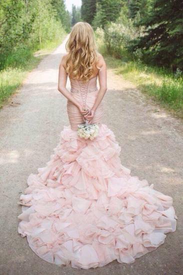 Sexy Mermaid Sweetheart Wedding Dresses Pink Crystal Lace-Up Lovely Ruffles Bridal Gowns_5