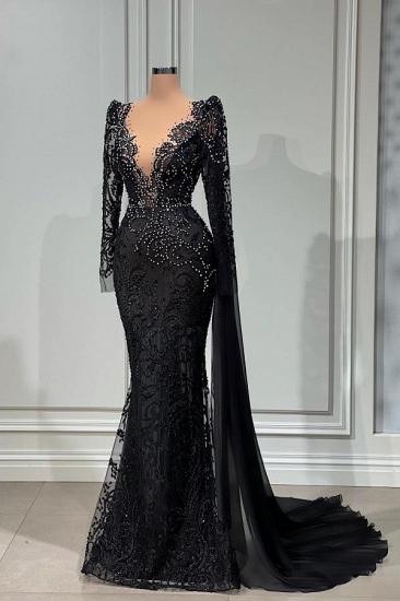 Elegant Evening Dresses With Sleeves | Black lace prom dresses_2