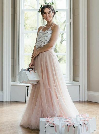 Appliques Halter Long Pink Tulle Bridesmaid Dress