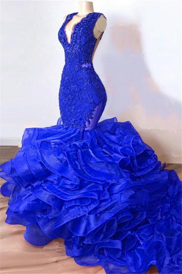 Sexy Königsblaue Meerjungfrau-Abschlussballkleider | Ärmellose Rüschen-Abendkleider mit V-Ausschnitt_2