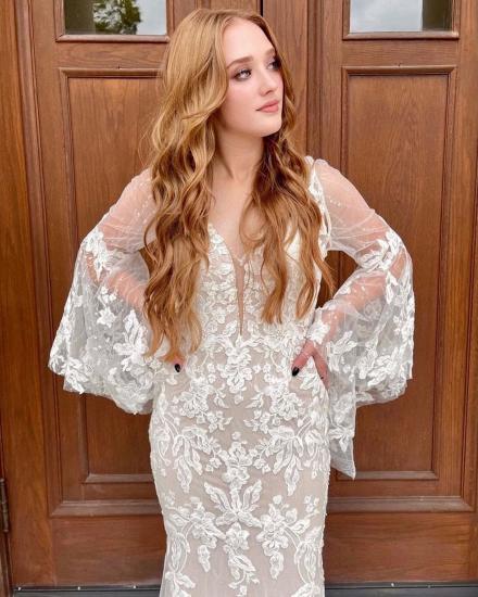 Gorgeous White Ruffle Sleeve Tulle Lace Appliquéd Mermaid Wedding Dress_3