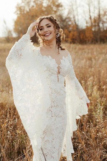 Long wide sleeves v-neck lace column wedding dress_3
