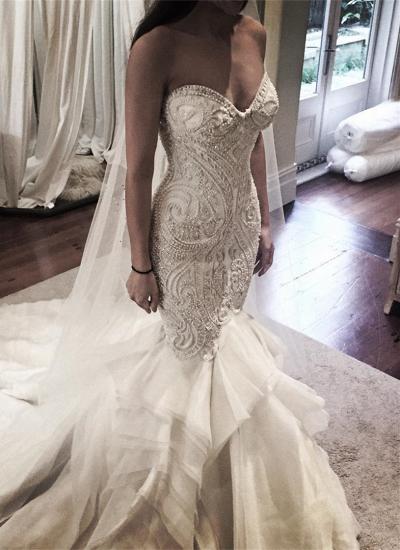 Delicate Mermaid Lace Ruffled Wedding Dress| Spaghetti Strap Bridal Gown