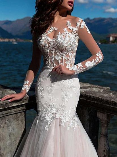 Formal Mermaid Jewel Wedding Dress Lace Tulle Long Sleeve Sexy See-Through Bridal Gowns with Court Train_2