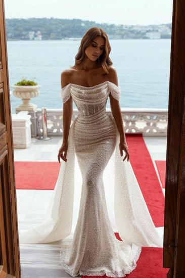 Sparkling Off Shoulder Sequin Mermaid Bridal Dress with Detachable Trailing Tail_1