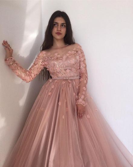 Long sleeves Floral Blow Dusty Pink Ball Gown Tulle Prom Dresses_4