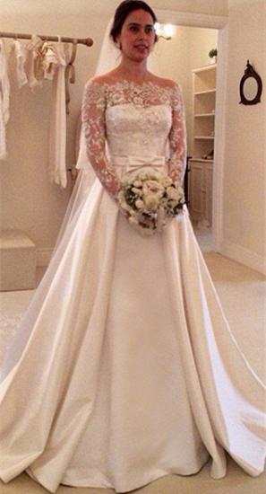 Latest Bateau Long Sleeve Satin Bridal Gowns Formal Lace Bowknot Beadings Long Wedding Dress_1