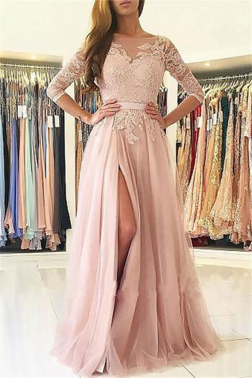 Gorgeous Applique Long Sleeves Prom Dresses | Open Back Jewel Side Slit Evening Dresses with Belt