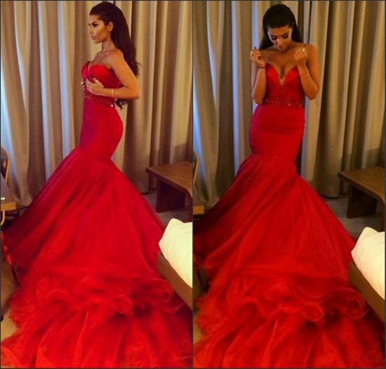 Red Mermaid Sweetheart Court Train Evening Dress Crystal Tulle Formal Occasion Dresses_3