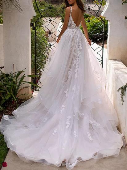 Charming Spaghetti Straps Tulle Backless Wedding Dresses With Lace Appliques_2