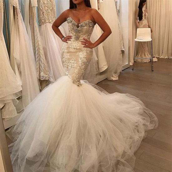 Glamorous Fit and Flare Tulle Wholesale Wedding Dresses | Lace Sweetheart Crystal Bridal Gowns_3