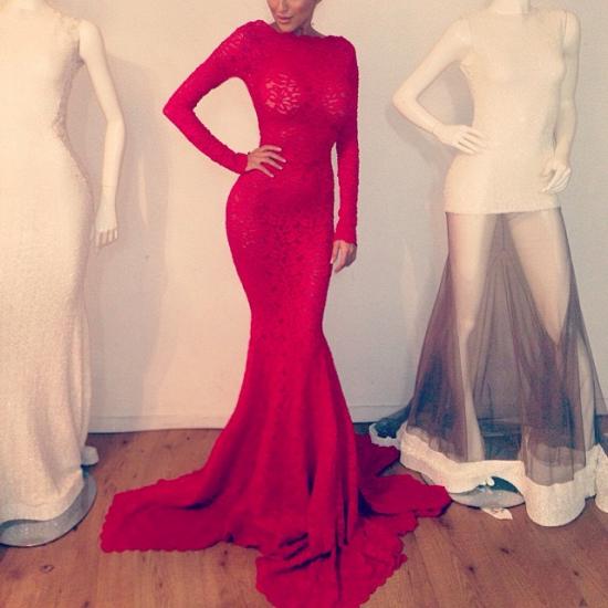 Sexy Red Lace Long Sleeve Bodycon Sweep Train Prom Dress_3