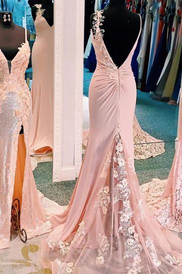 Sexy V-Neck Mermaid Evening Dress with Floral Sweep Train Spaghetti Straps Prom Maxi Gown_4