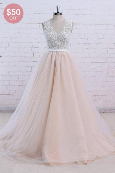 TsClothzone AffordableBlush Pink Tulle Wedding Dress Ivory Lace V-Neck Vintage Bridal Gowns On Sale