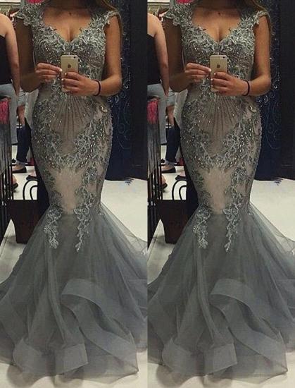 Mermaid V-Neck Tulle Cap Sleeves Crystal Elegant 2022 Evening Dress Open Back Prom Dresses