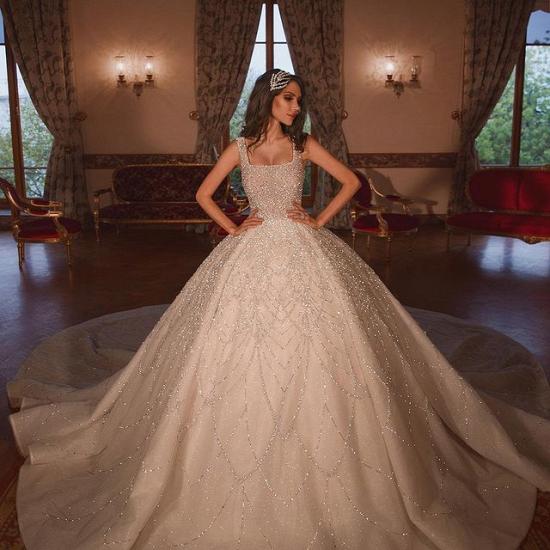 Glitzerndes Luxus-Ballkleid-Hochzeitskleid mit eckigem Ausschnitt und Tüll und langer Schleppe_2