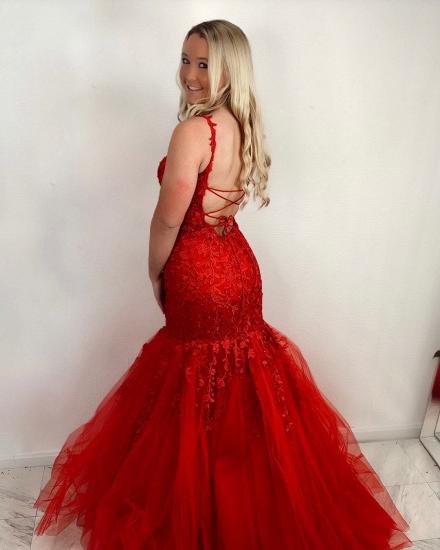 Stunning Sleeveless Red Floral Lace Tulle Mermaid Prom Dress_2