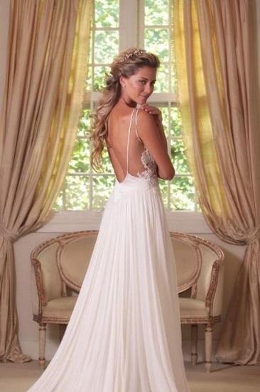 Cheap Summer Beach Wedding Dresses 2022 Straps Appliques A Line Chiffon Backless Bridal Gowns for Seaside_2