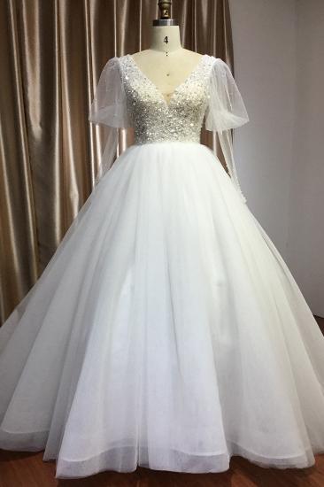 Amazing Cap Sleeves Glitter Sequins Aline Wedding Dress V-Neck White Bridal Gown_1