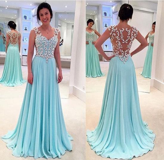 Latest Blue Lace Chiffon Prom Dress A-Line Sweep Train Plus Size Formal Occasion Gowns_2