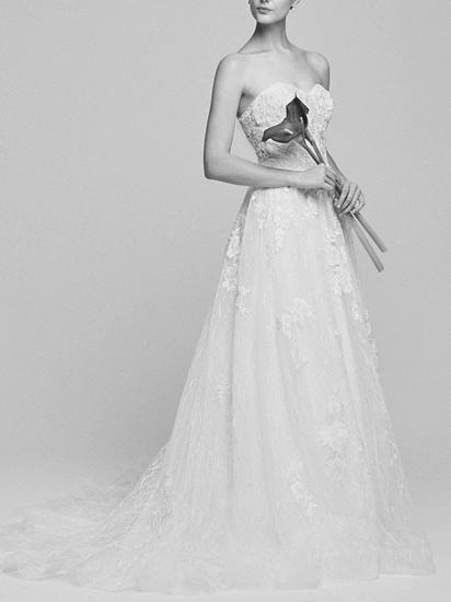 Romantic Backless A-Line Wedding Dresses Sweetheart Lace Tulle Strapless Bridal Gowns with Court Train_4