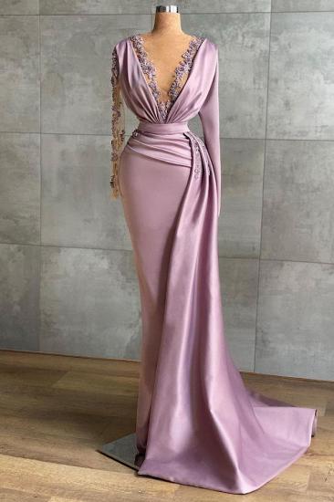 Bezauberndes lila langärmliges Meerjungfrauen-Abschlussballkleid Abendkleid aus Satin mit tiefem V-Ausschnitt und seitlichem Schwanz_1