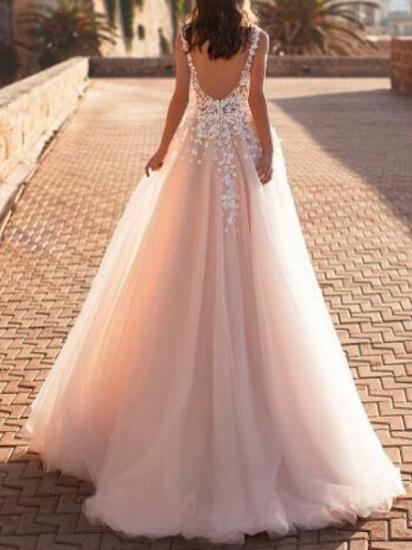Mordern A-Line Wedding Dresses V-Neck Lace Tulle Straps See-Through Bridal Gowns with Sweep Train_2
