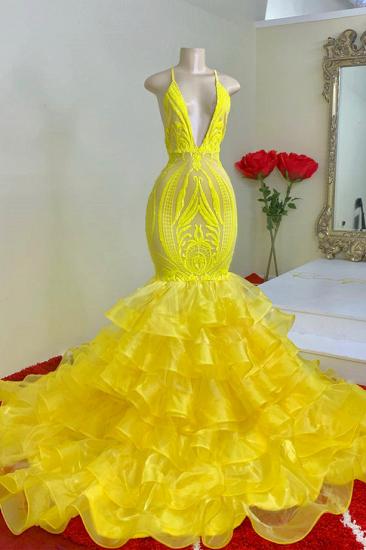 Yellow tulle sleeveless mermaid prom dress with ruffles_1