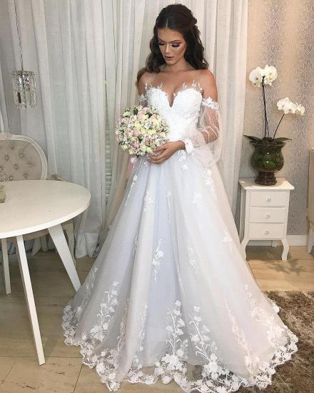 Elegant Off Shoulder Bubble Sleeves  Aline Tulle Lace Wedding Dress for Women_2