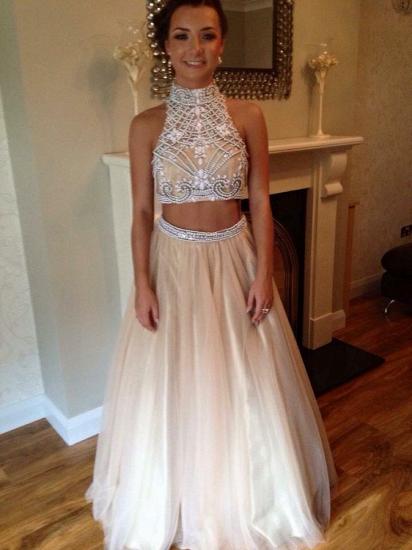 High Collar Two Pieces Crystal Prom Dress A-Line Halter Beadings Tulle Evening Gown_2