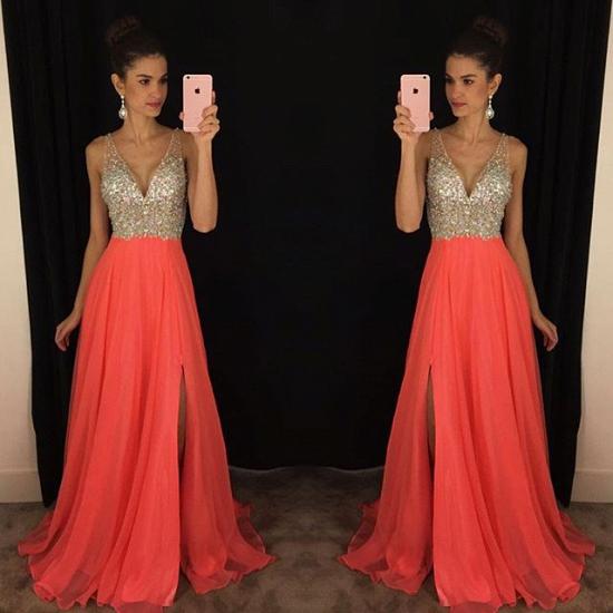 Sexy V-neck 2022 Prom Dresses Long Side Slit Chiffon Evening Dress with Sequins_3