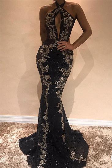 Halter Sleeveless Sexy Evening Dresses 2022 | Black Shiny Keyhole Prom Dress with Lace Appliques