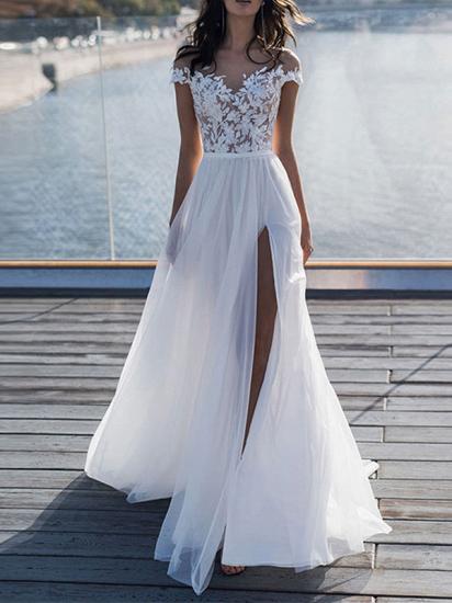 Off The Shoulder Tulle White Lace Split A-Line Wedding Dresses