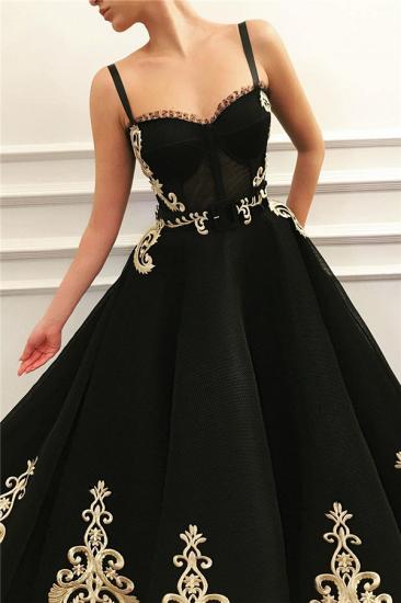 New Black Sweetheart A-line Evening Dress with Golden Lace Appliques_2