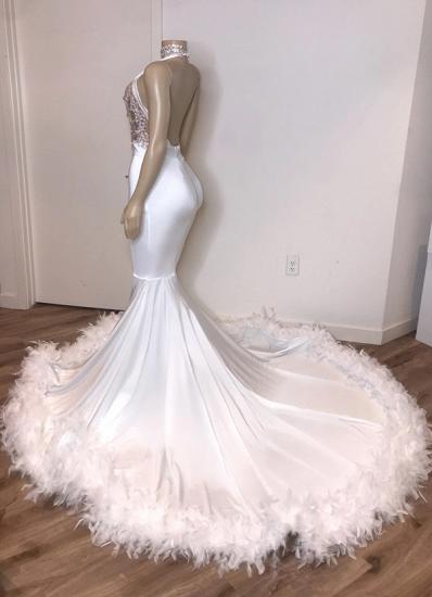V-neck Sexy Backless White Prom Dresses with Feather | Mermaid Crystals Appliques Evening Gowns_2